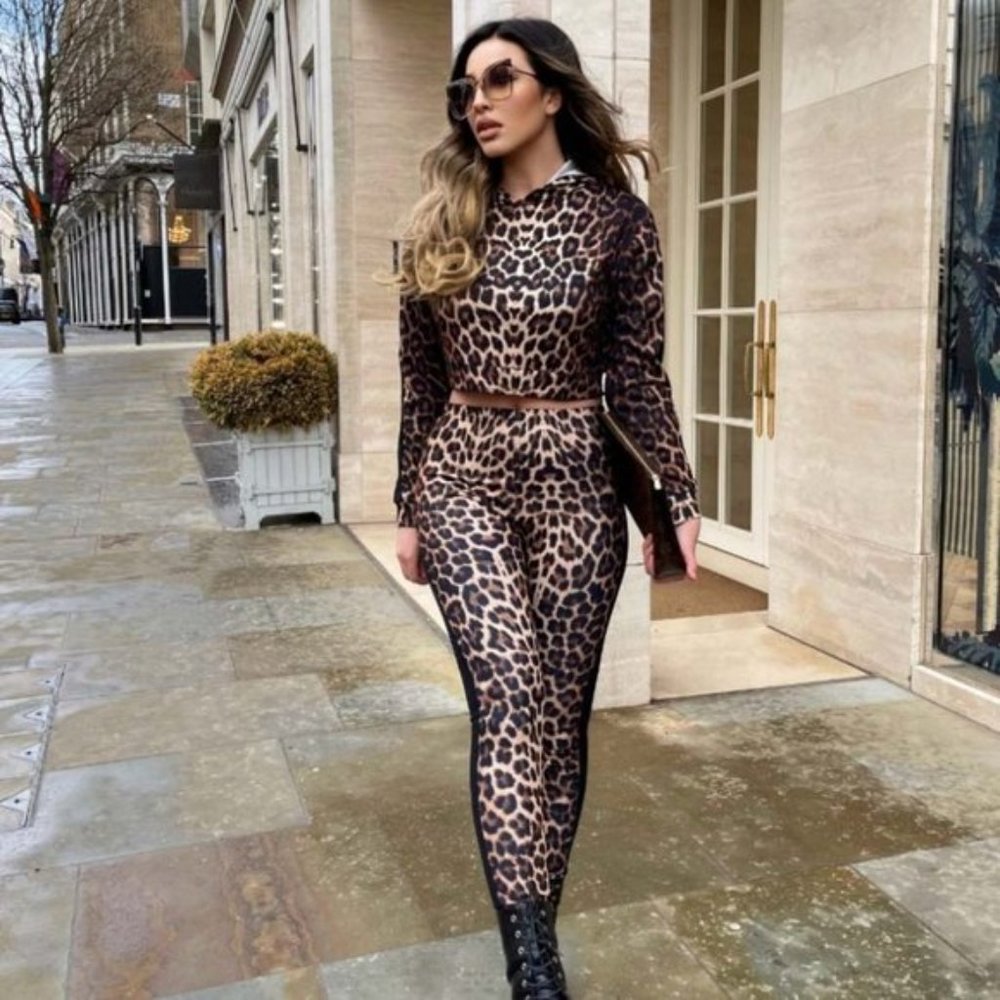Leopard Print Long Sleeve Hoodie Hooded Crop Top and Joggers Pants Two Piece Set - Picture 9 of 10